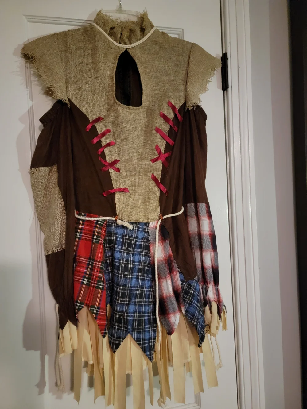Girls Scarecrow Costume with Patchwork Skirt and Hat.